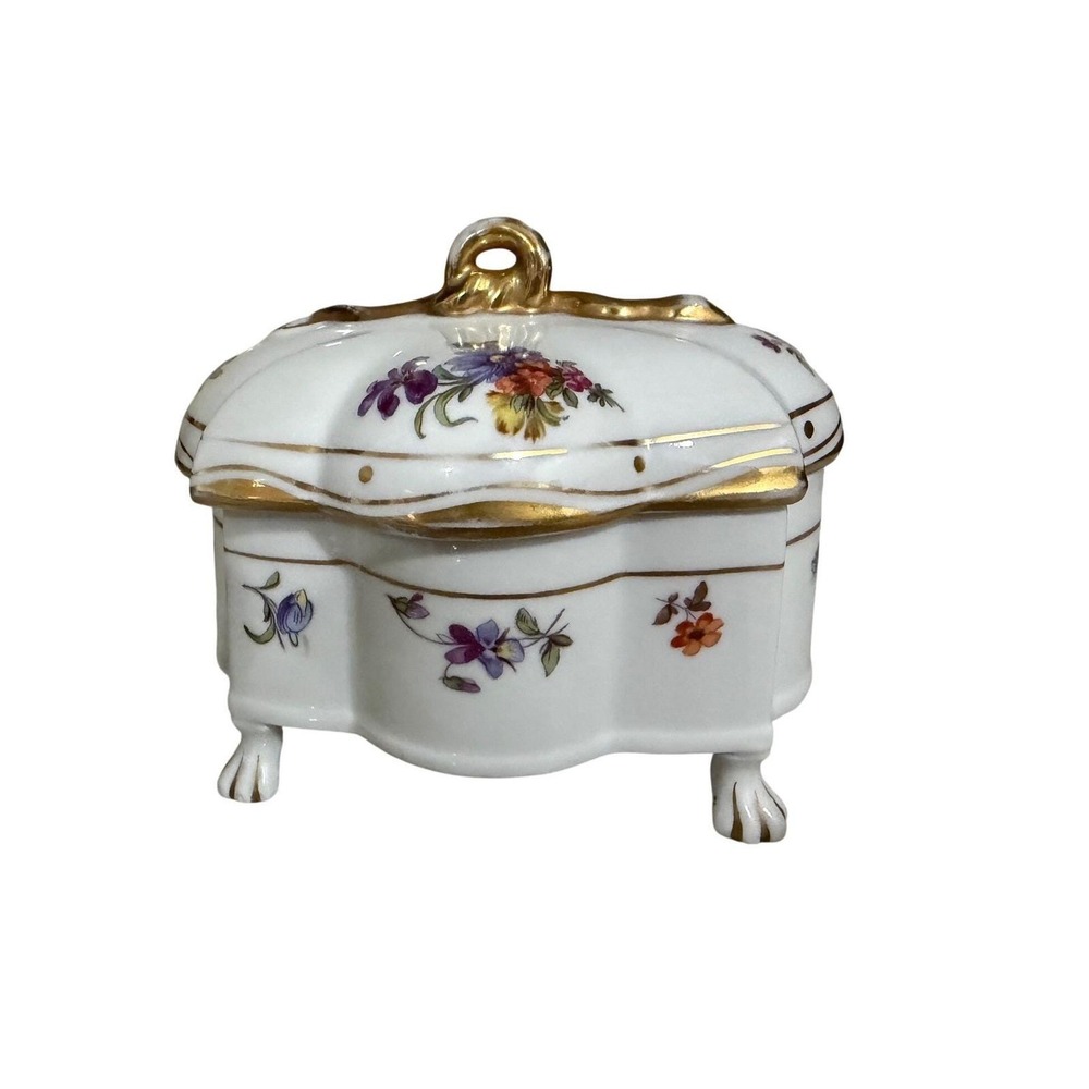 Vtg JL Menau Graf Von Henneberg Porcelain Floral Trinket Box Footed Germany